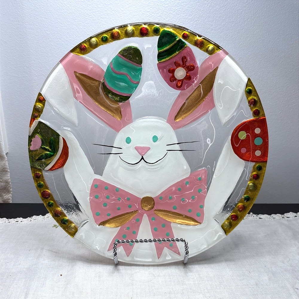 Lori Siebert for Silvestri Glass Fusion Bunny Plate Easter 11" Round Pink Bow